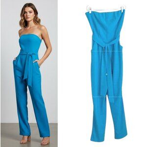Monteau Los Angeles Strapless Jumpsuit Women's Sz M Blue Belted Pockets Back Zip